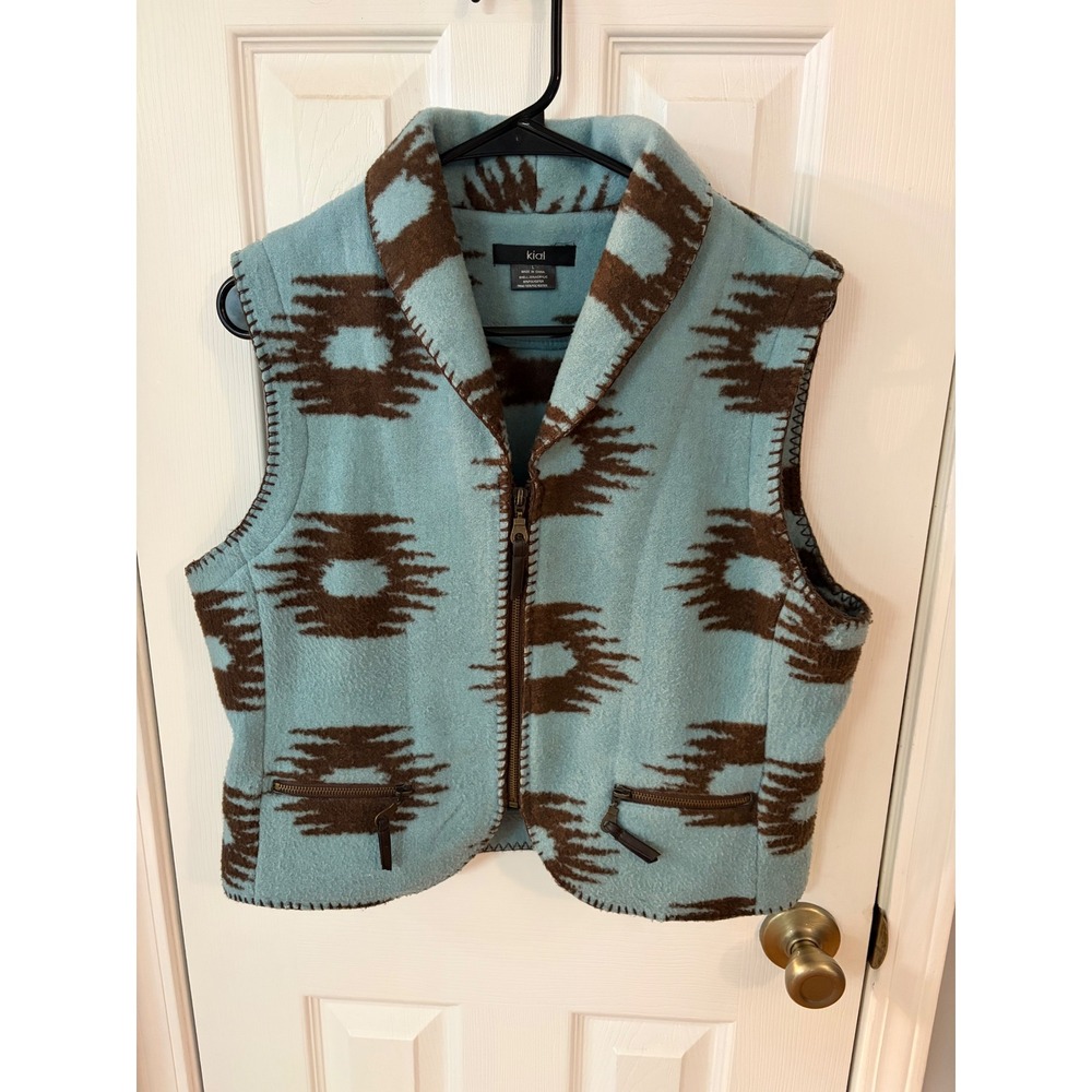 Kial Fleece Vest Women Large Blue Brown Southwestern Geometric Zip Shawl Collar
